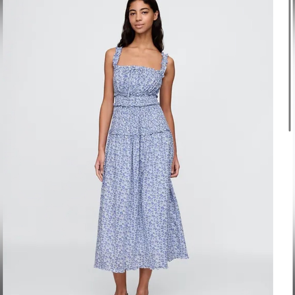 GAP Blue Floral Smocked Midi Dress